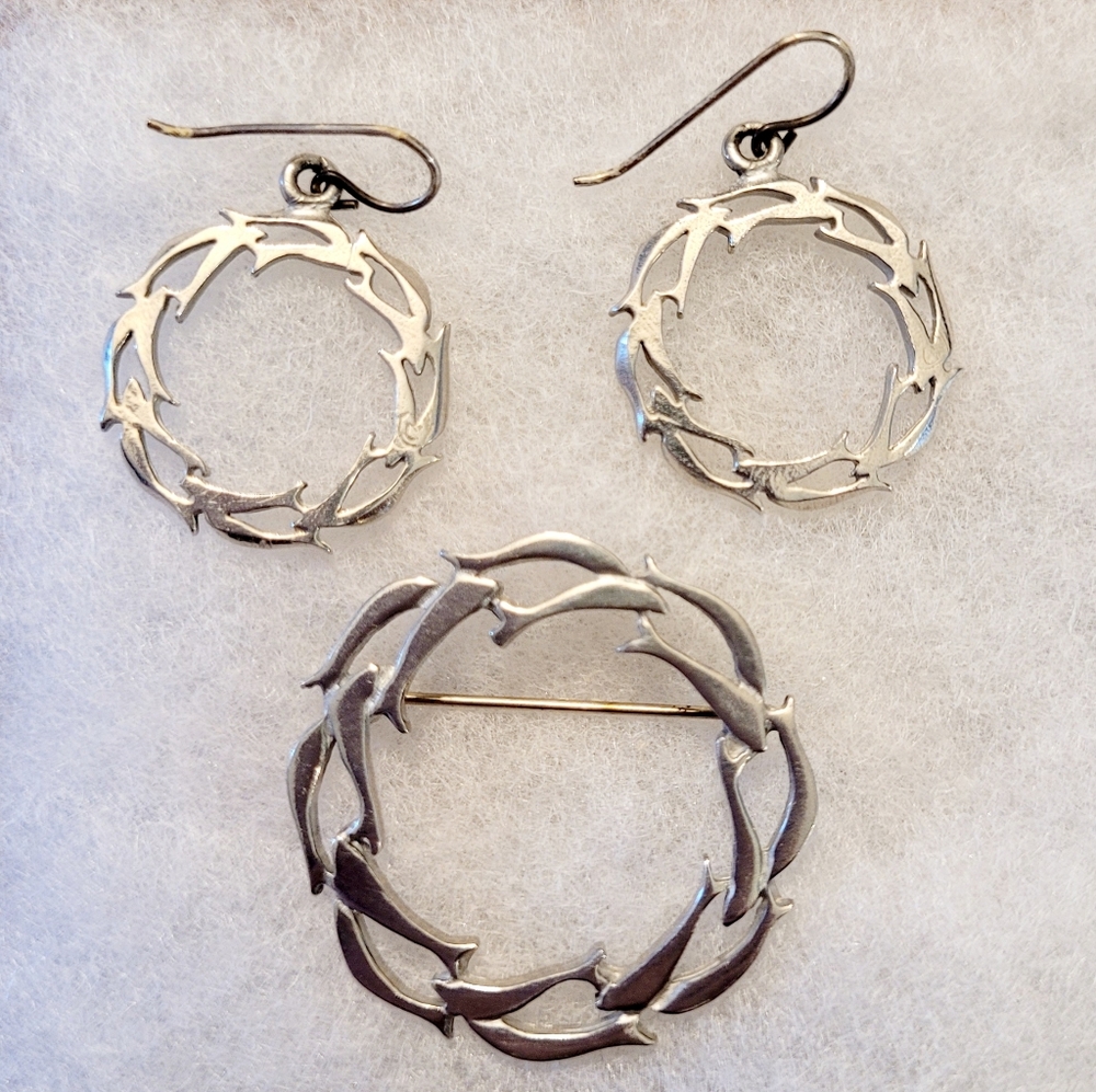 Matching Pewter Dolphin Brooch & Earrings Set